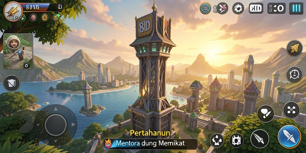 Tangkapan layar dari gameplay menara pertahanan yang intens dan strategis.
