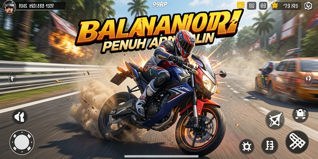 Tampilan gameplay balapan motor yang seru dan mendebarkan.