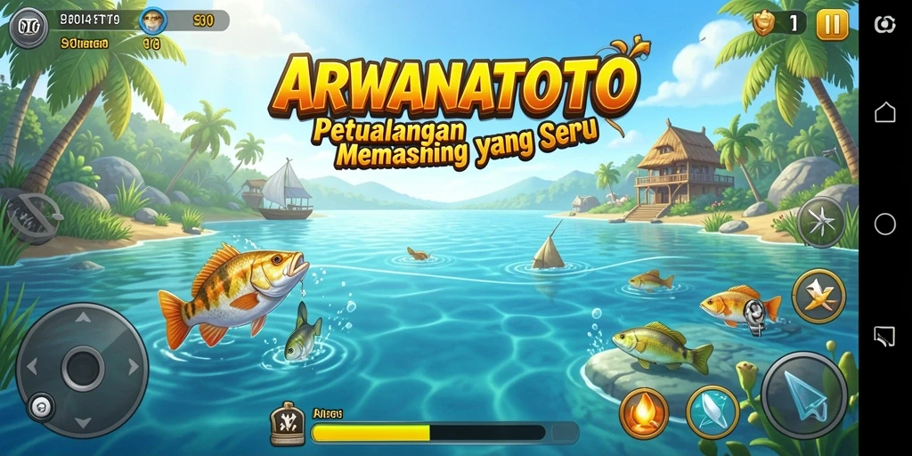 Gameplay ARWANATOTO menampilkan suasana memancing yang seru dan menantang.