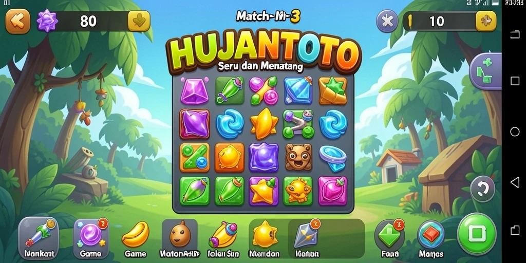 Tampilan gameplay seru HUJANTOTO dengan permata berwarna-warni untuk dicocokkan.