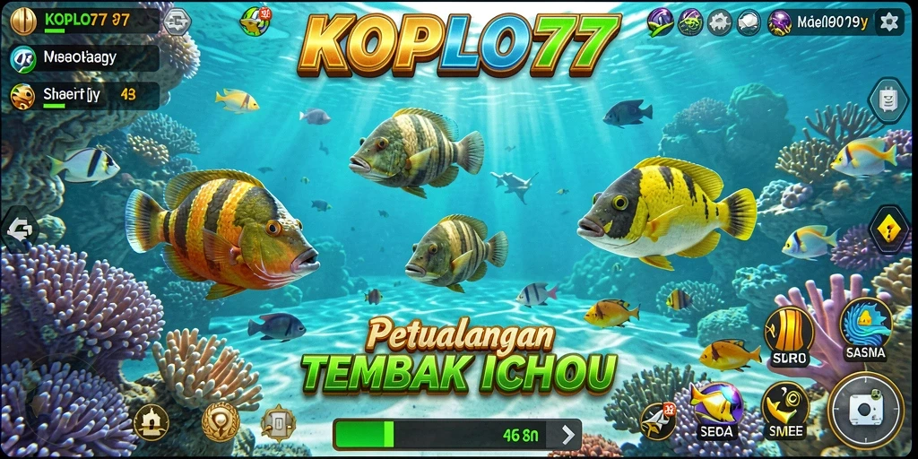 Tampilan gameplay seru KOPLO77 saat menembak berbagai ikan di lautan.