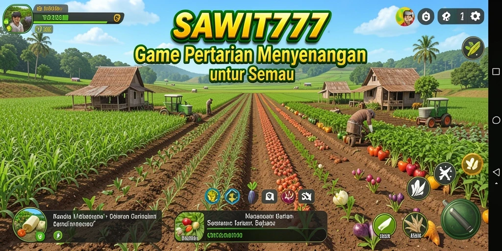 Screenshot gameplay SAWIT777 menampilkan warna-warni tanaman dan lingkungan pertanian.