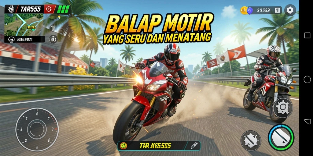 Screenshot utama TAR555 menampilkan aksi balap motor yang mendebarkan.