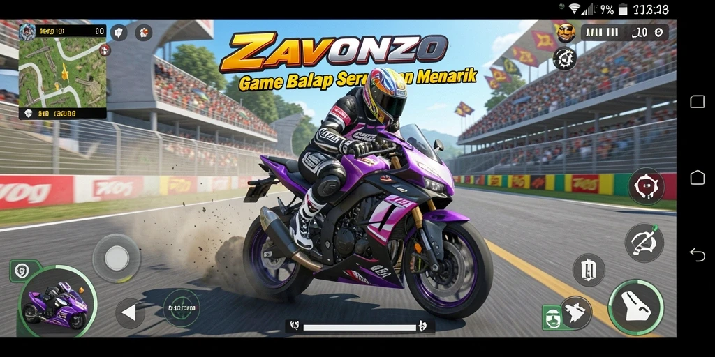 Tampilan gameplay ZAVONZO dengan aksi balapan motor yang seru.